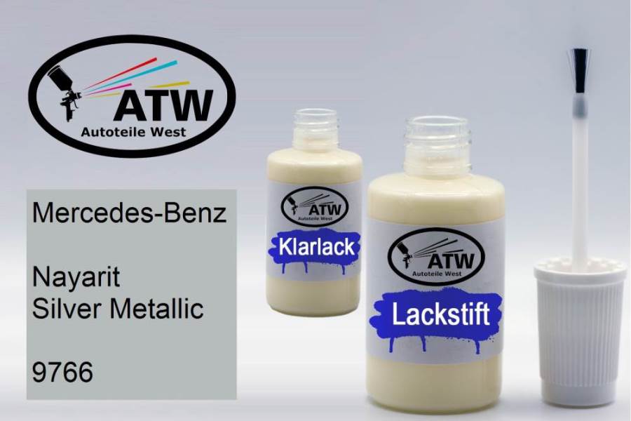 Mercedes-Benz, Nayarit Silver Metallic, 9766: 20ml Lackstift + 20ml Klarlack - Set, von ATW Autoteile West.